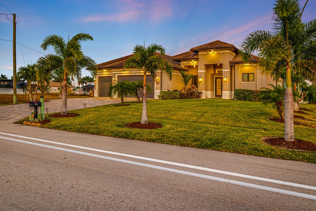 Exterior Twilight of a residential property in Cape Coral, FL